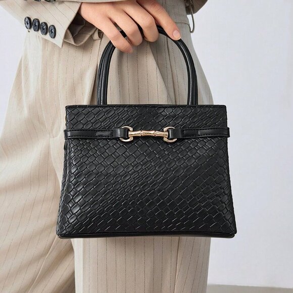 Black Elegant Women's Premium Textured Metallic Buckle Accented Handbag - Picture 1 of 7